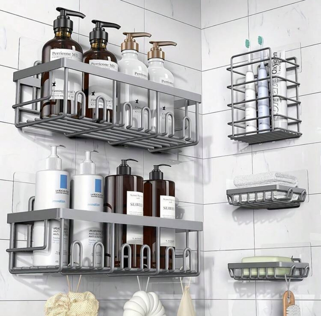 TidyLiving™ 5-Piece Adhesive Shower Caddy Set – Rustproof Bathroom Organizer with Soap Holder & Hooks, No Drilling Required