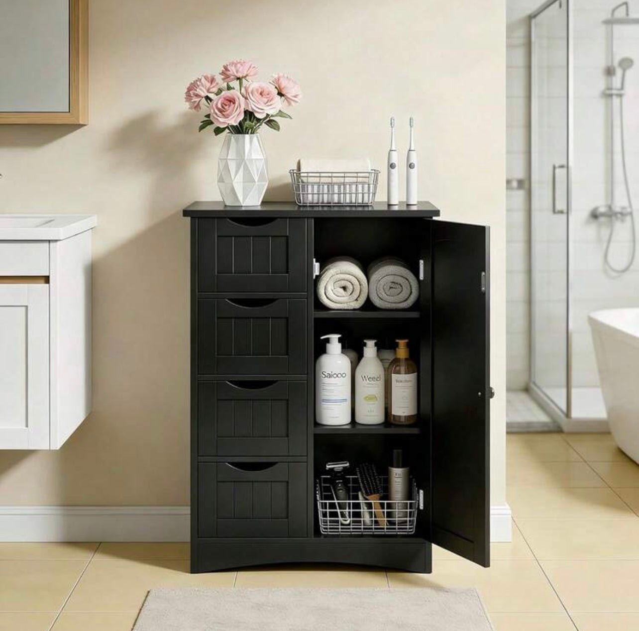 TidyLiving™ Bathroom Storage Cabinet with 4 Drawers & Adjustable Shelves – Freestanding Bathroom Organizer