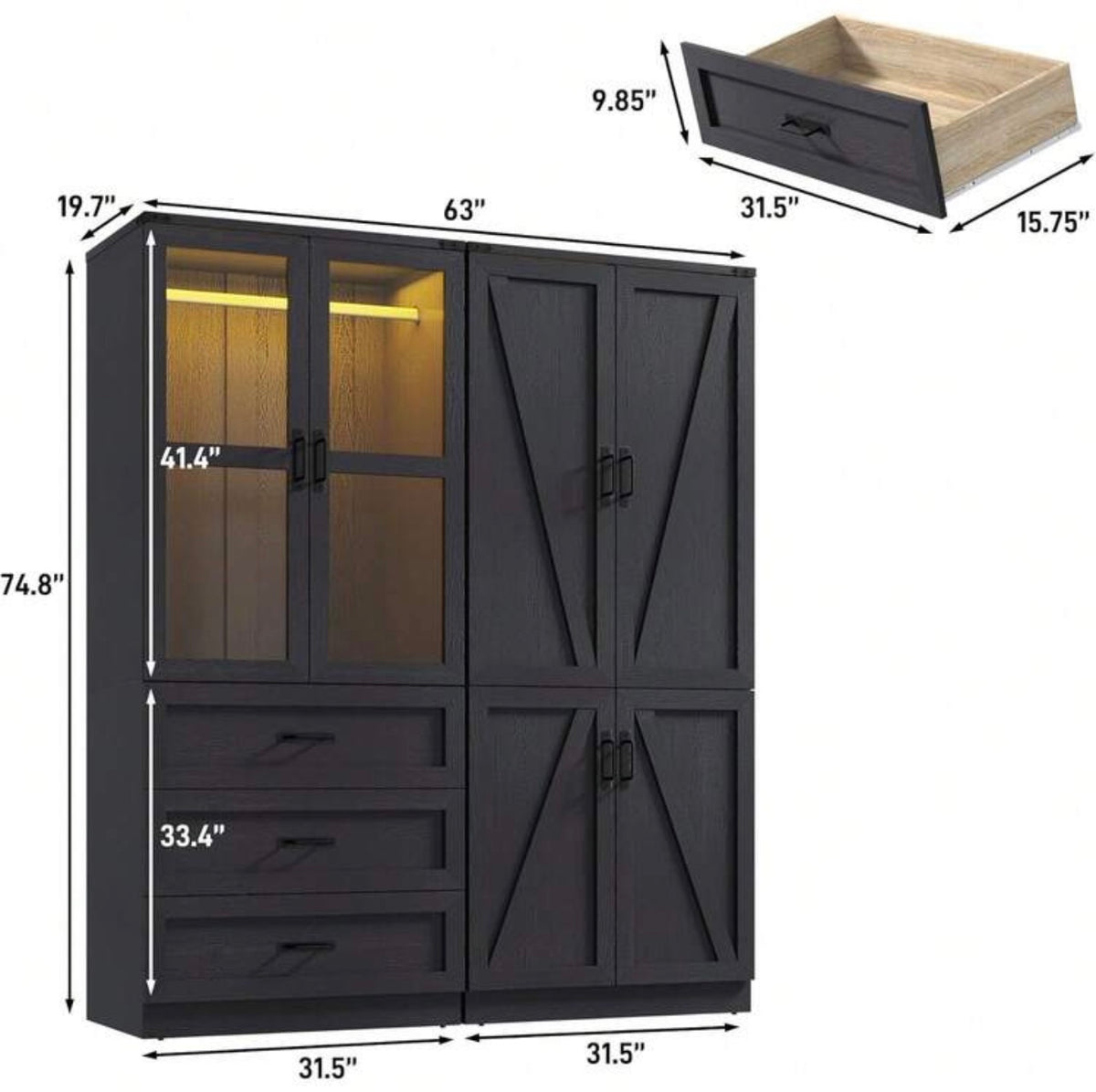 TidyLiving™ Modular Farmhouse Wardrobe with LED Lighting & Storage