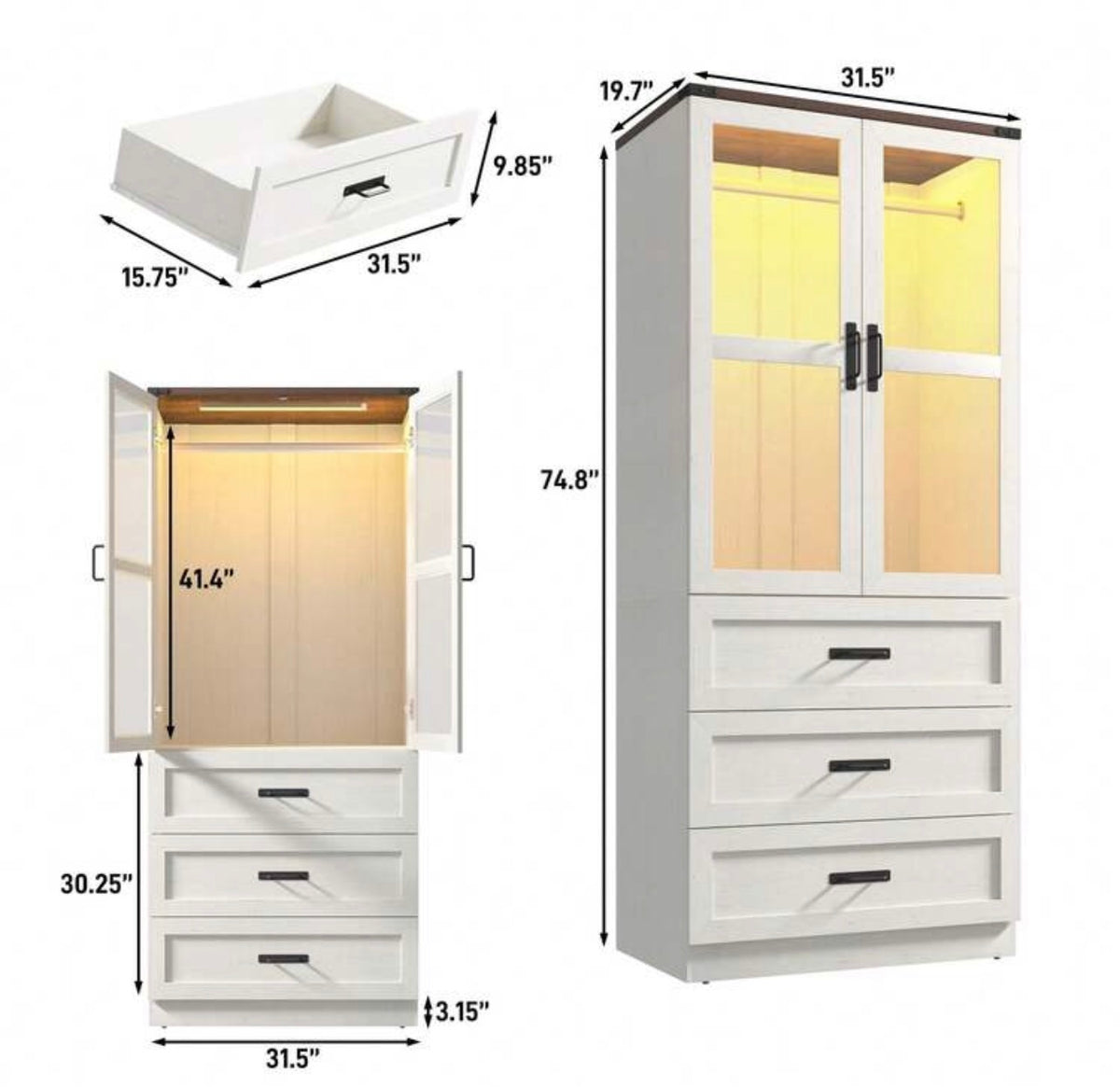 TidyLiving™ Modular Farmhouse Wardrobe with LED Lighting & Storage