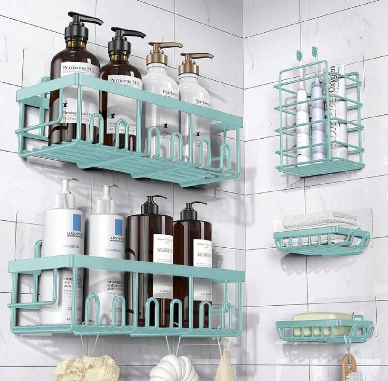 TidyLiving™ 5-Piece Adhesive Shower Caddy Set – Rustproof Bathroom Organizer with Soap Holder & Hooks, No Drilling Required