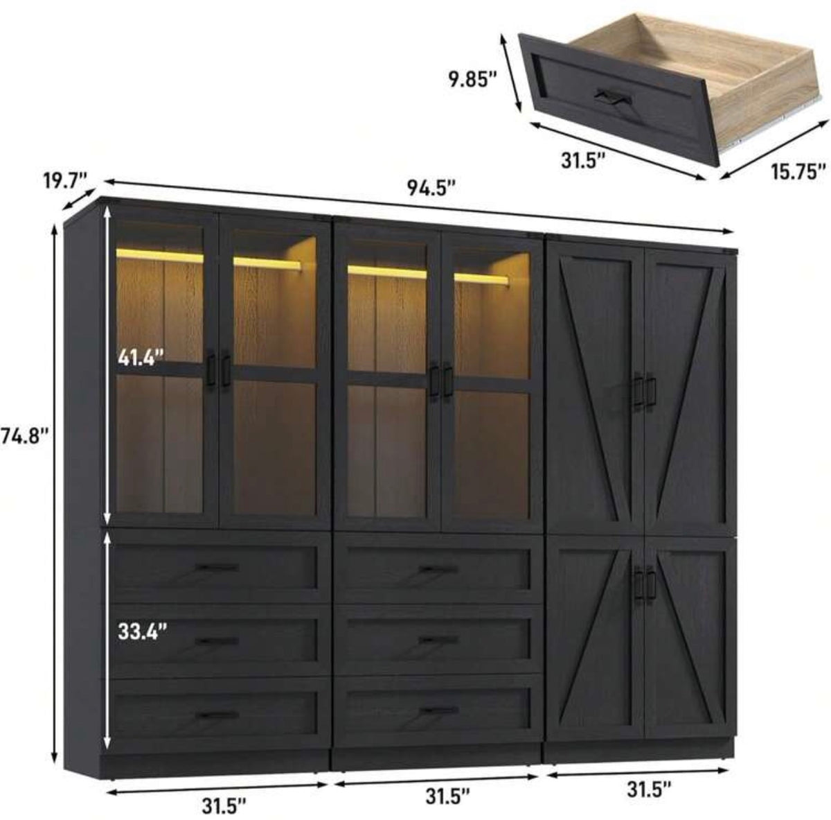 TidyLiving™ Modular Farmhouse Wardrobe with LED Lighting & Storage