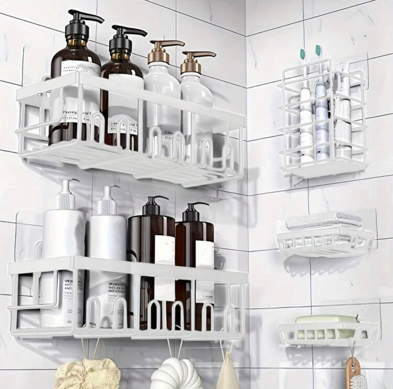 TidyLiving™ 5-Piece Adhesive Shower Caddy Set – Rustproof Bathroom Organizer with Soap Holder & Hooks, No Drilling Required