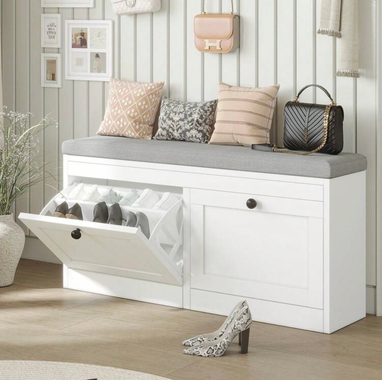 TidyLiving™ Shoe Storage Bench with Cushion & Hidden Flip-Drawer Cabinet
