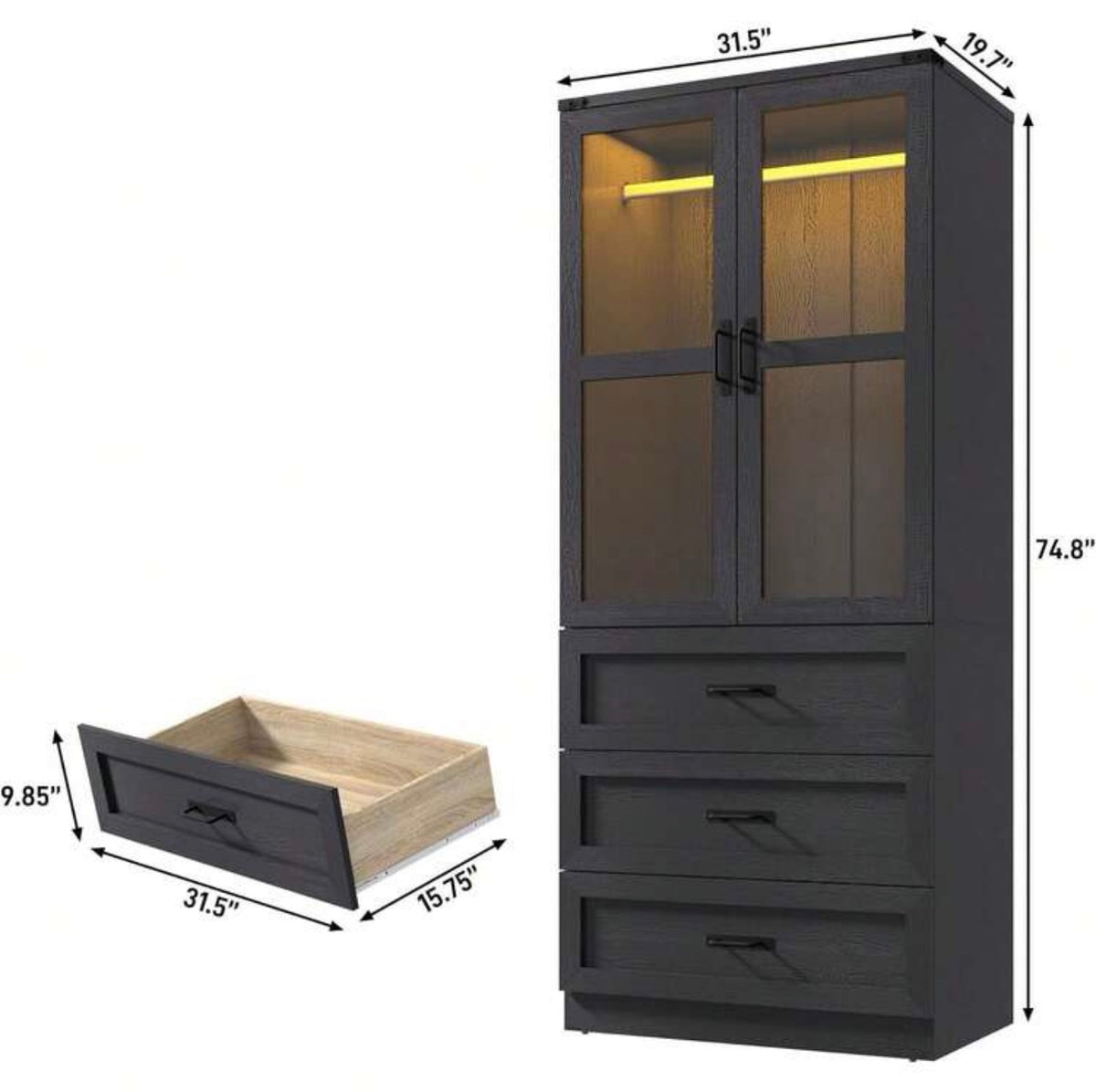 TidyLiving™ Modular Farmhouse Wardrobe with LED Lighting & Storage
