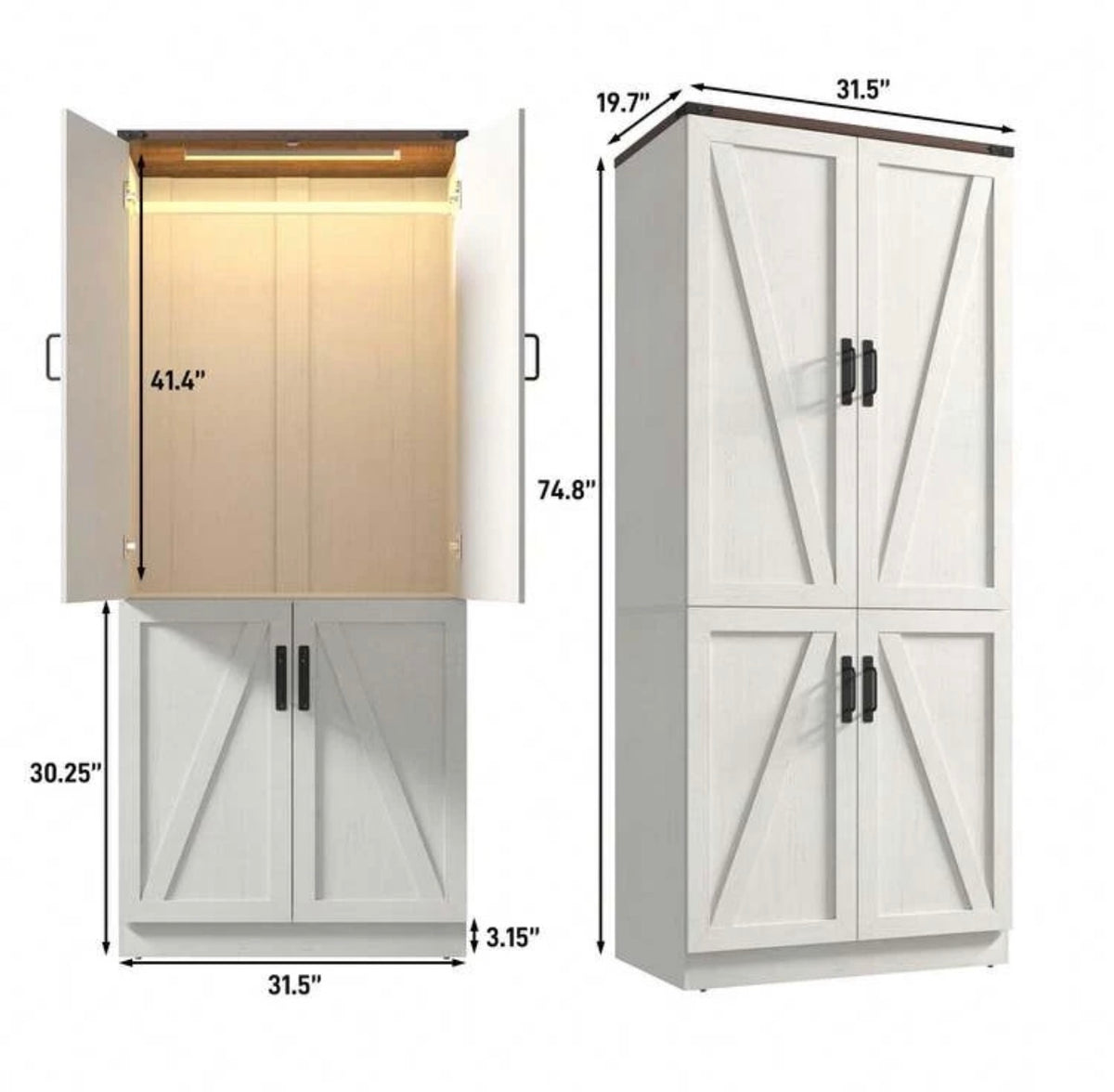 TidyLiving™ Modular Farmhouse Wardrobe with LED Lighting & Storage