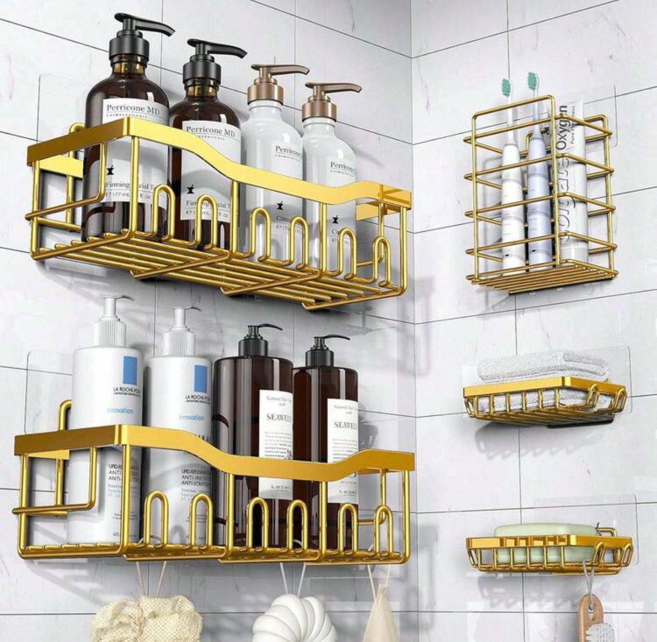 TidyLiving™ 5-Piece Adhesive Shower Caddy Set – Rustproof Bathroom Organizer with Soap Holder & Hooks, No Drilling Required