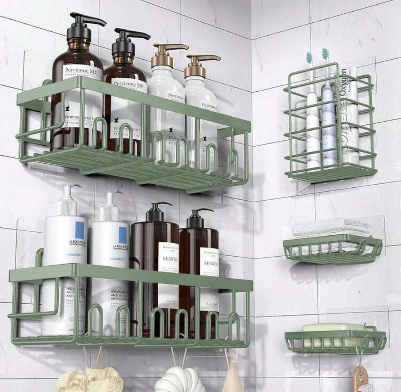 TidyLiving™ 5-Piece Adhesive Shower Caddy Set – Rustproof Bathroom Organizer with Soap Holder & Hooks, No Drilling Required