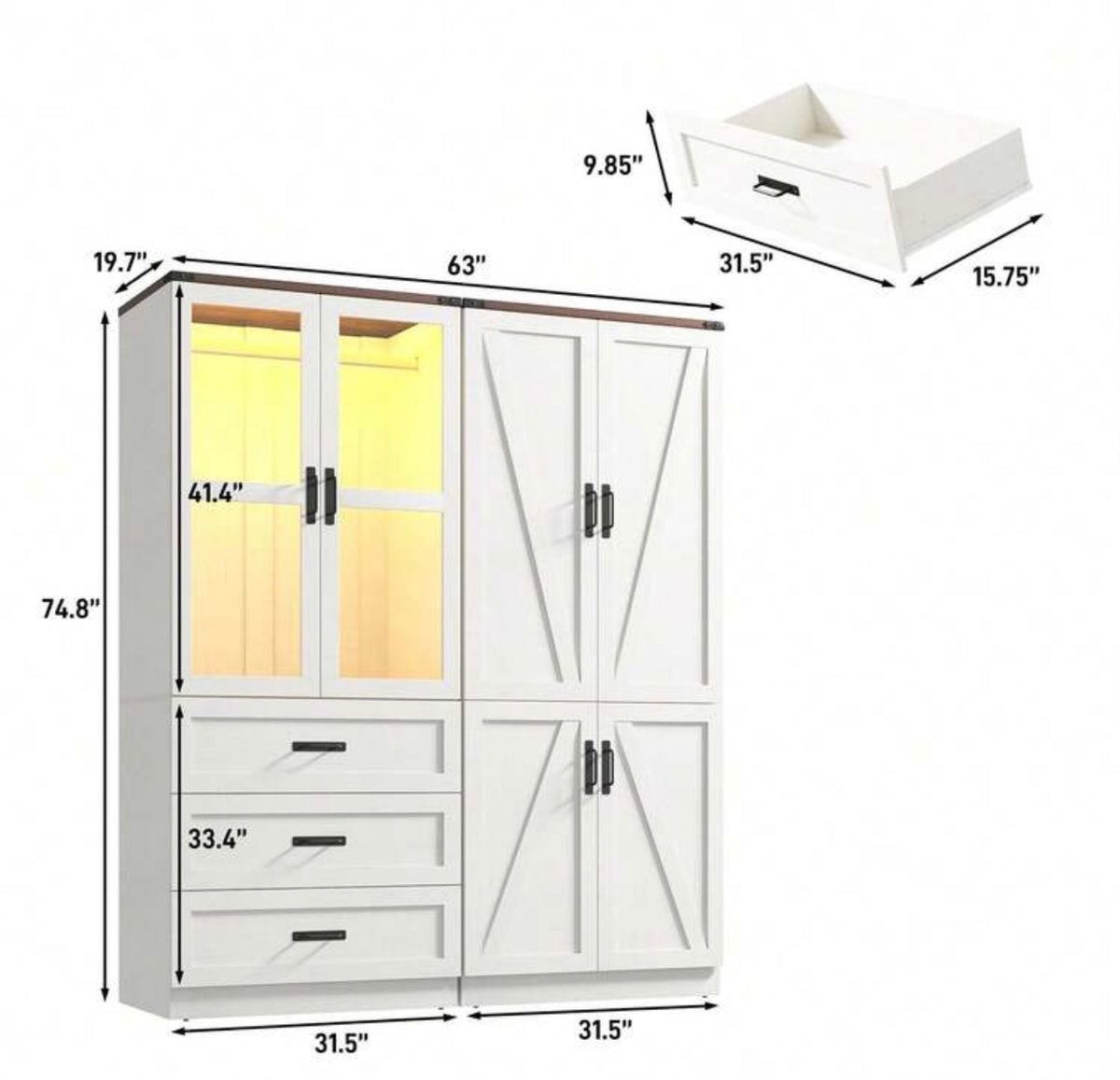 TidyLiving™ Modular Farmhouse Wardrobe with LED Lighting & Storage