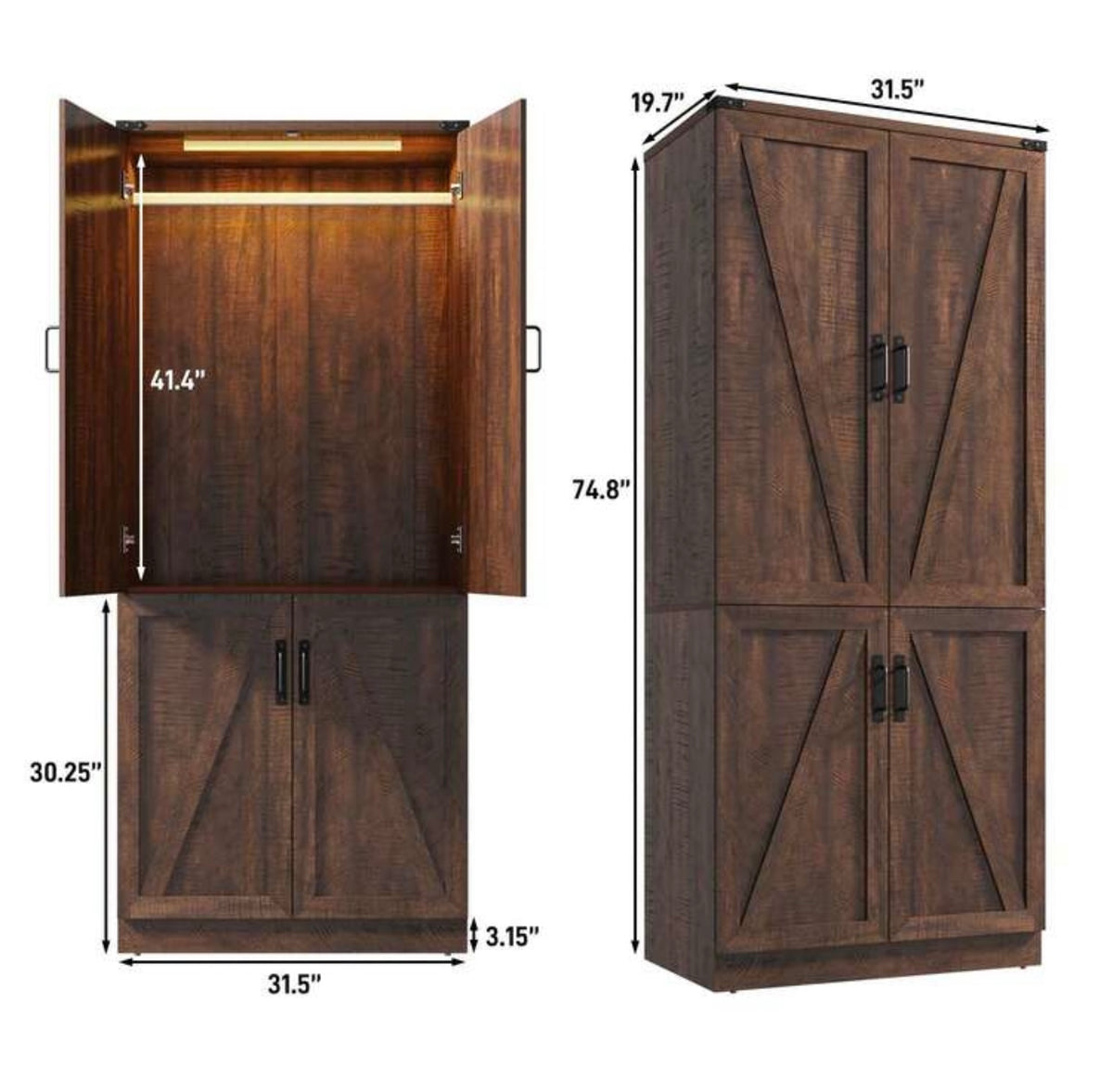 TidyLiving™ Modular Farmhouse Wardrobe with LED Lighting & Storage