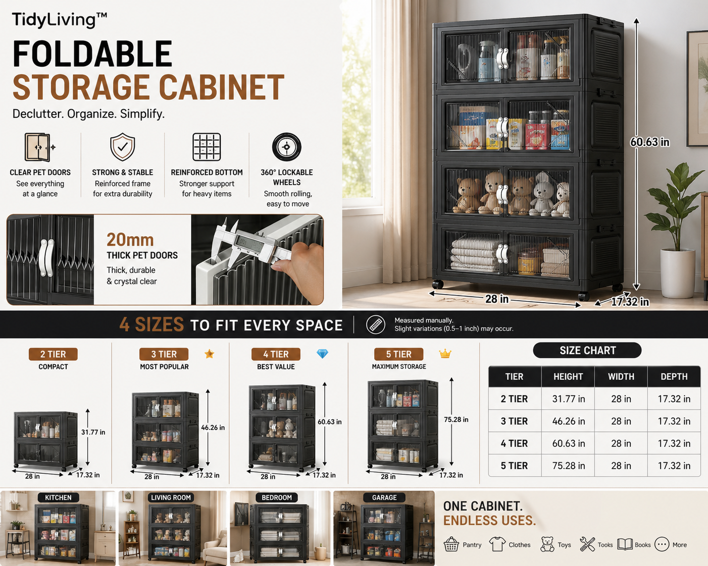 TidyLiving™ Foldable Stackable Storage Cabinet with Doors & Wheels (Multi-Tier Organizer)